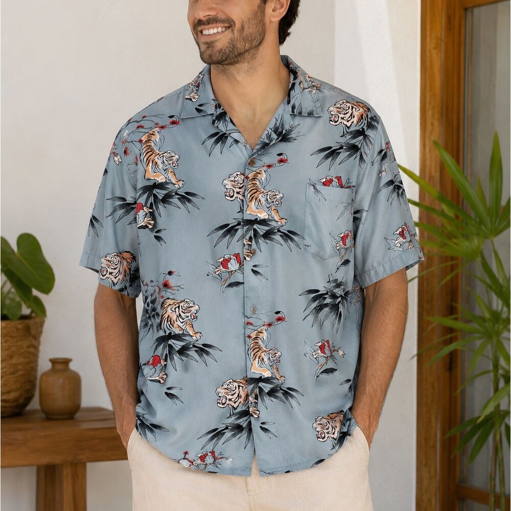 28 Palms Men's Tiger Floral Hawaiian Camp Shirt Blue Gray Viscose Aloha 4XL